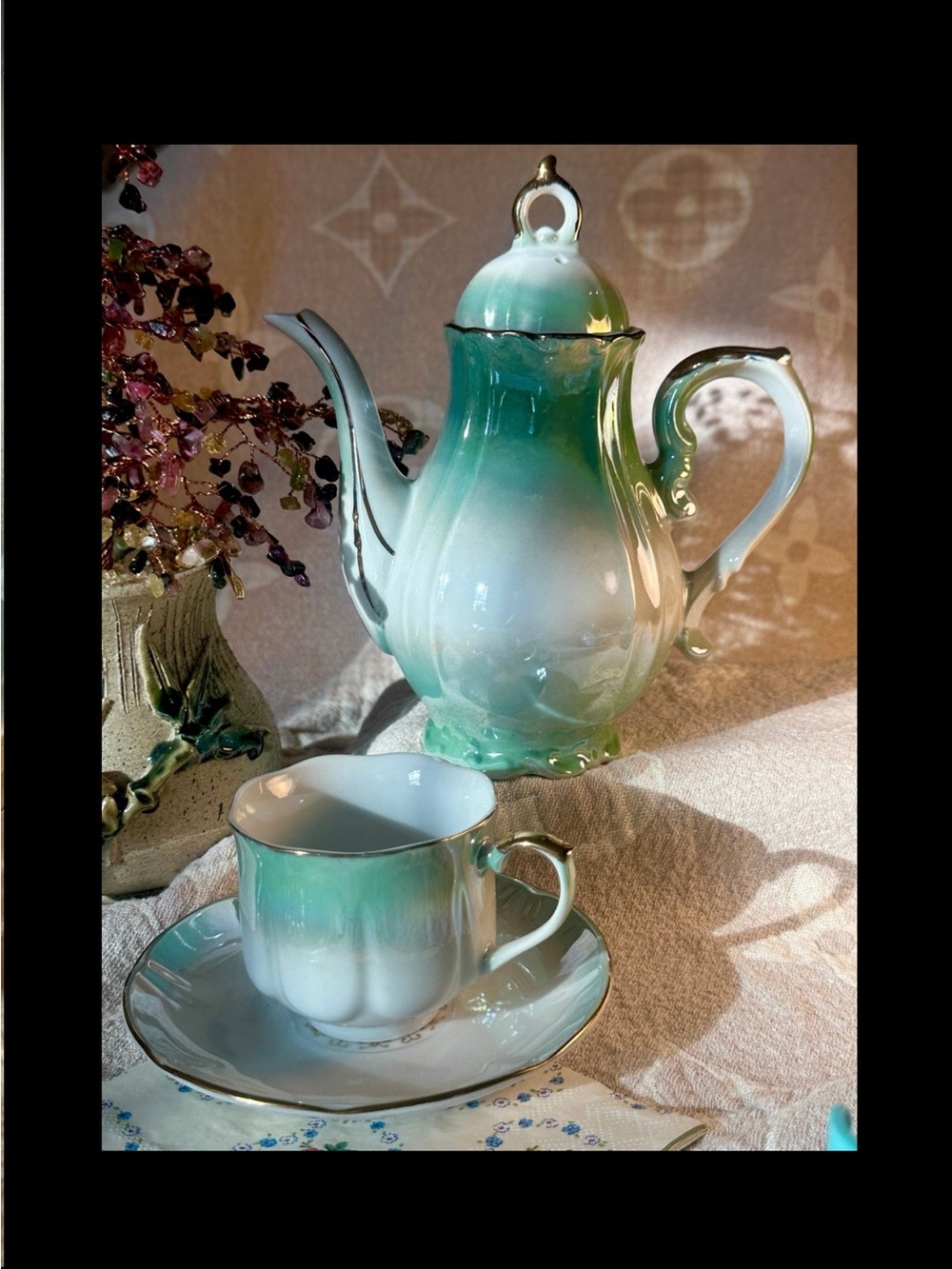 Elegant Green Ombre Porcelain Teapot and Cup Set by Y Mizuno